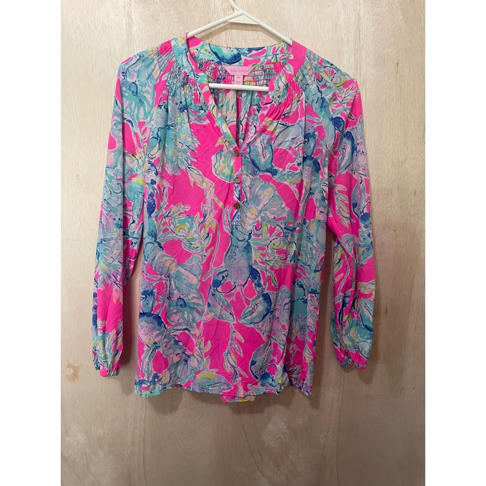 Lilly Pulitzer Elsa Silk Top XXS Pink Blue Floral Aquatic Smocked Blouse